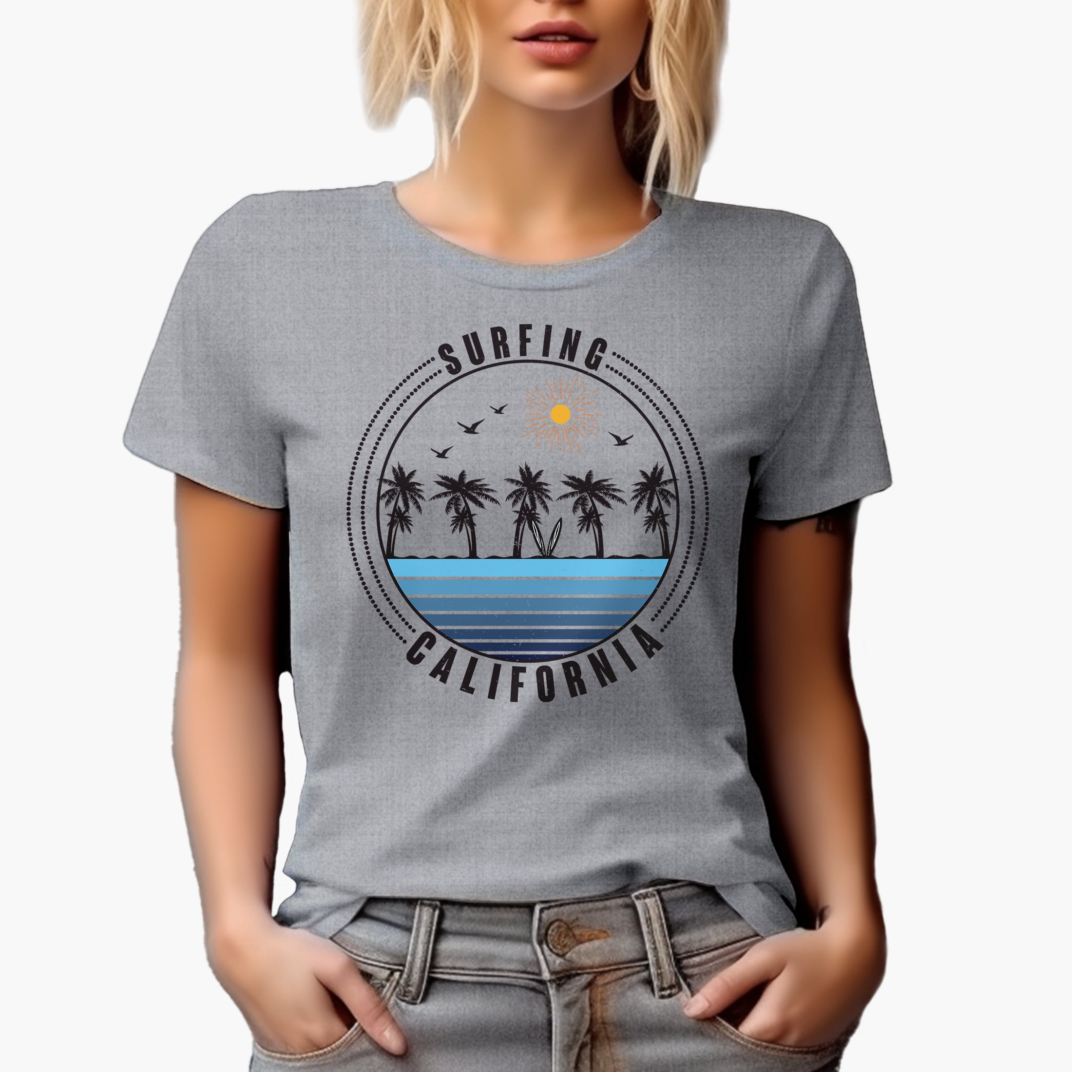 Surfing California with Sea & Palm Trees, Heather Grey T-Shirt, 2XL