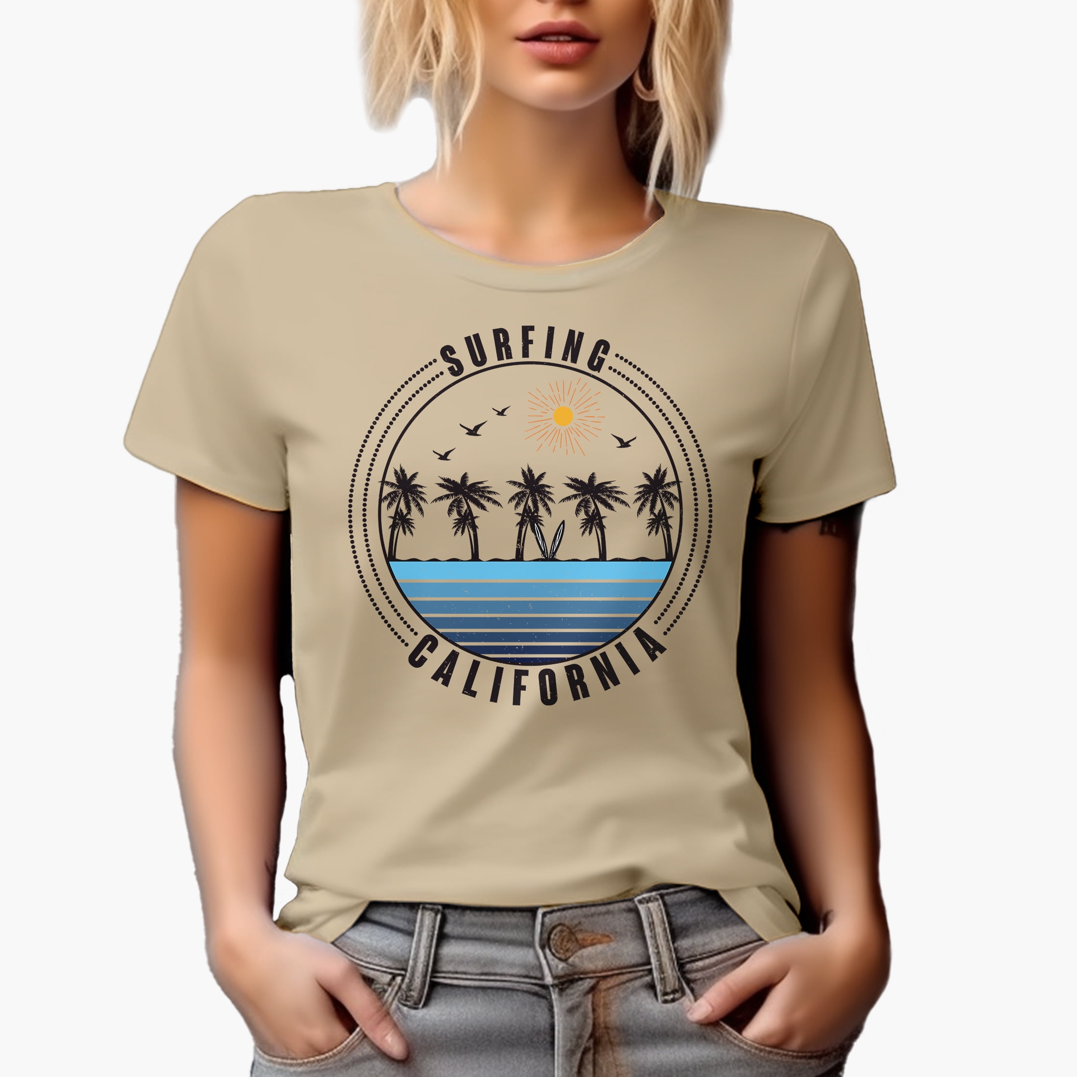 Surfing California with Sea & Palm Trees, Tan T-Shirt, Small