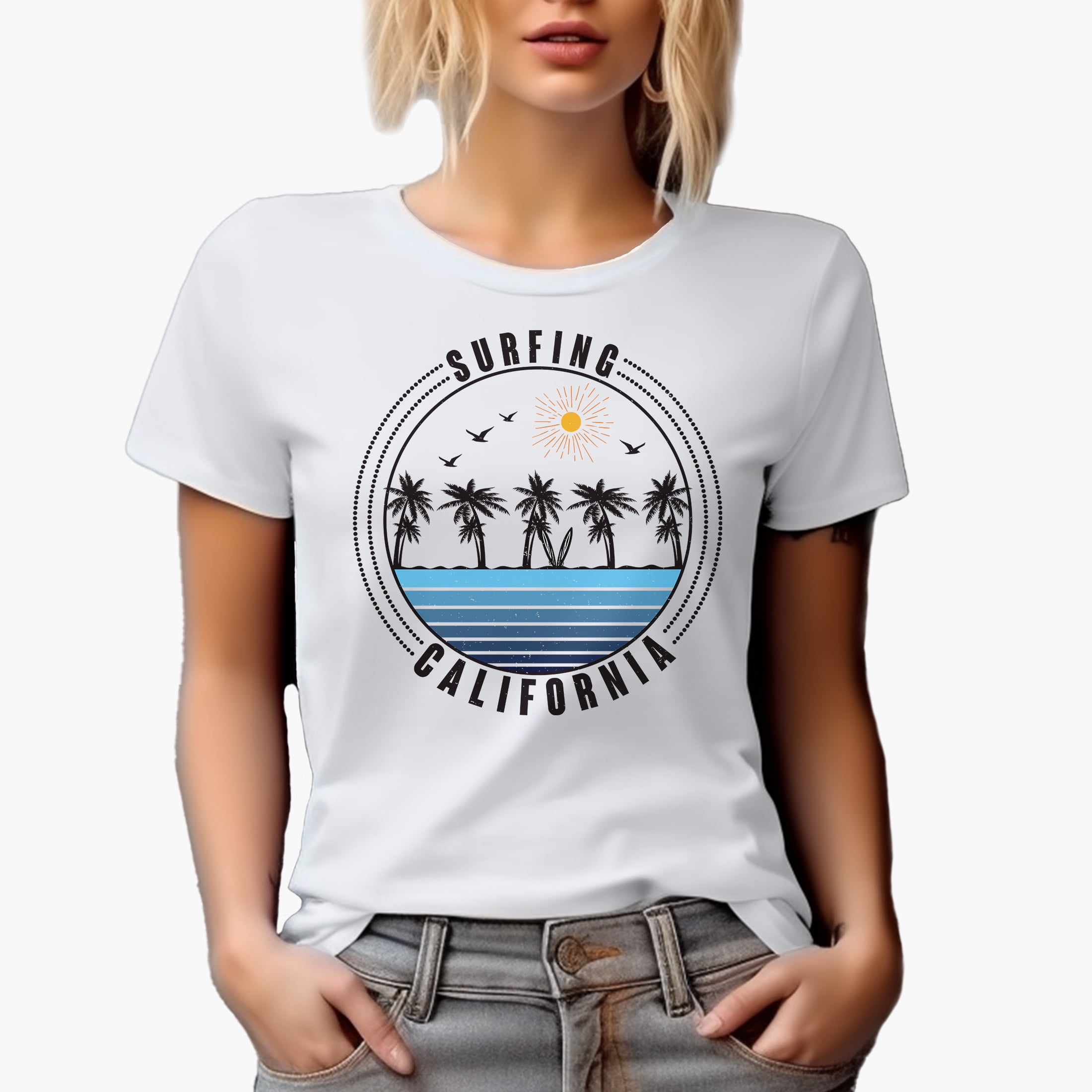 Surfing California with Sea & Palm Trees, White T-Shirt, Small