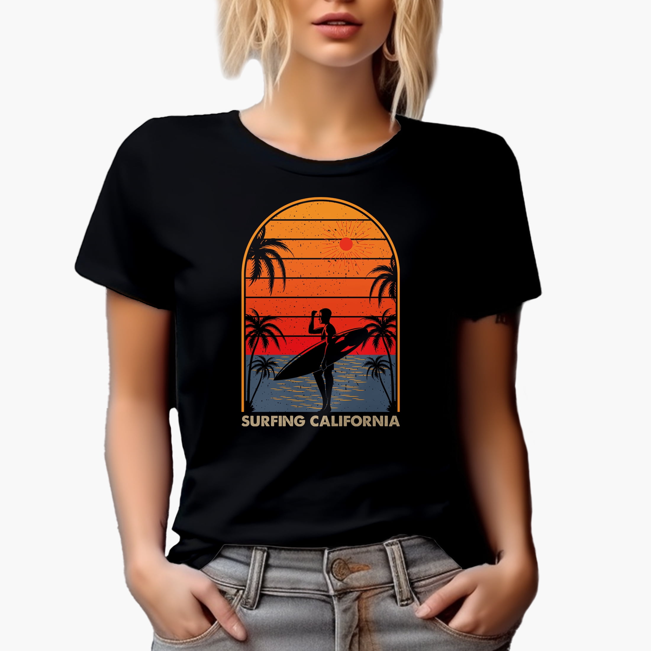 Surfing California with a Surfer, Sea & Palm Trees, Black T-Shirt, Large