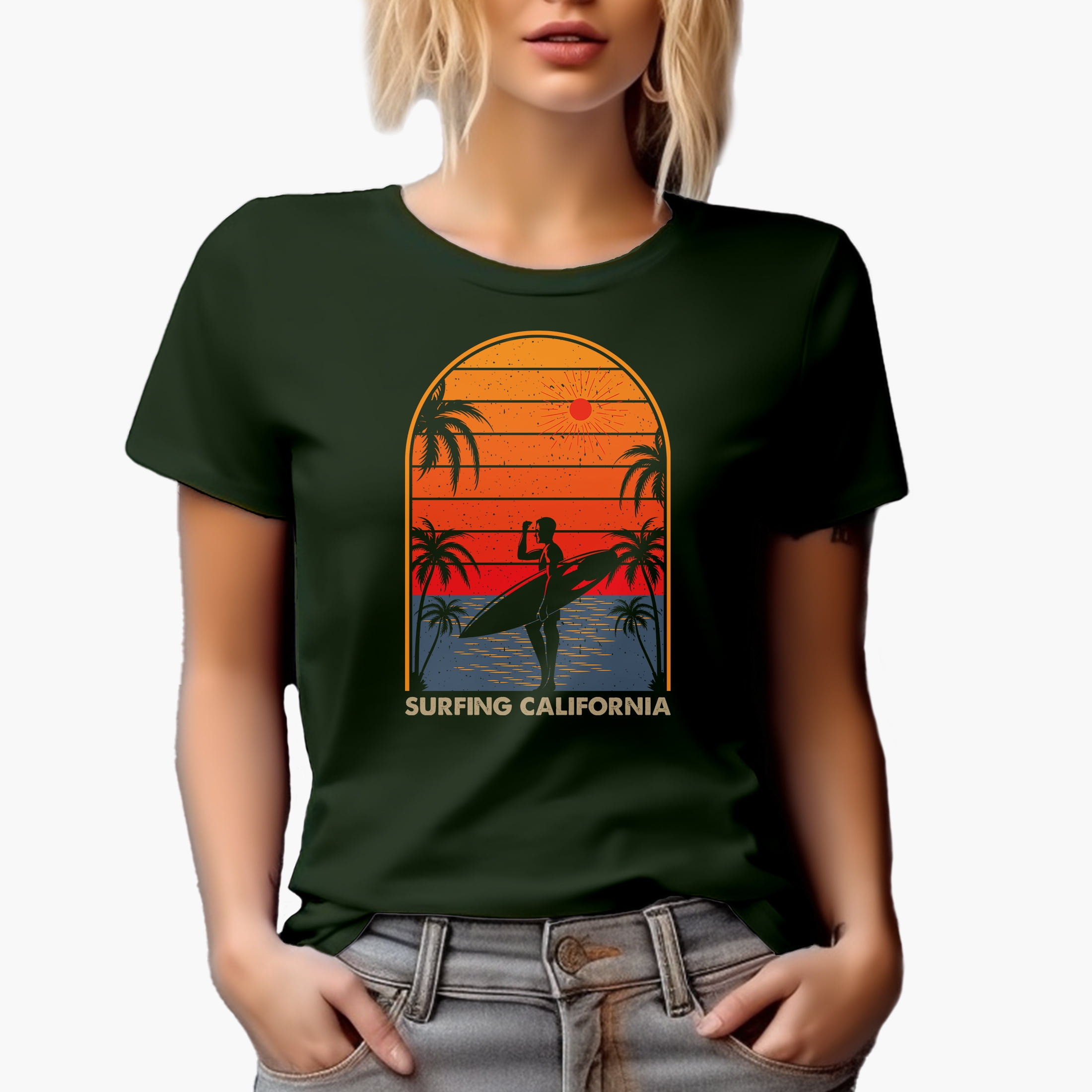 Surfing California with a Surfer, Sea & Palm Trees, Military Green T-Shirt, 3XL