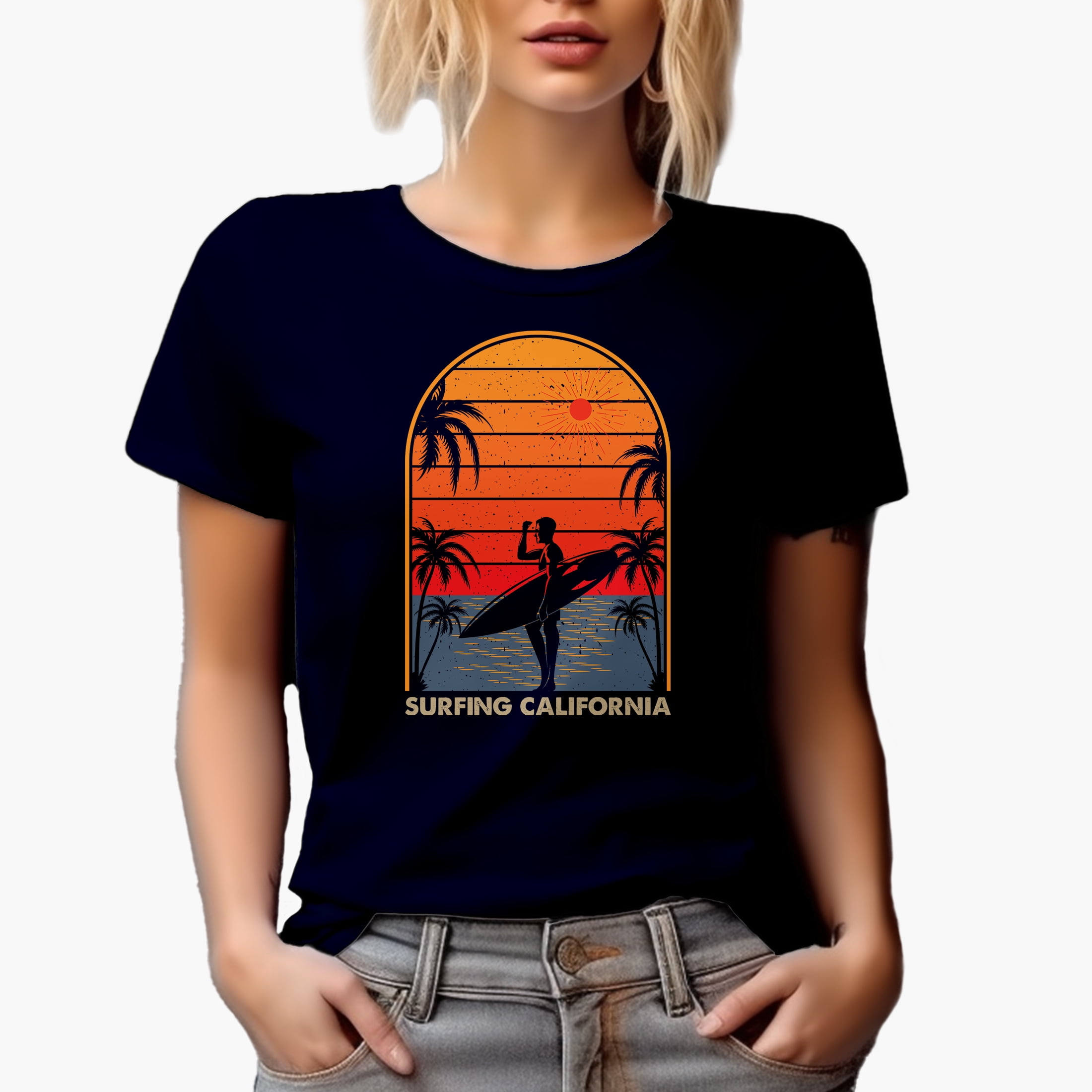 Surfing California with a Surfer, Sea & Palm Trees, Navy Blue T-Shirt, Large