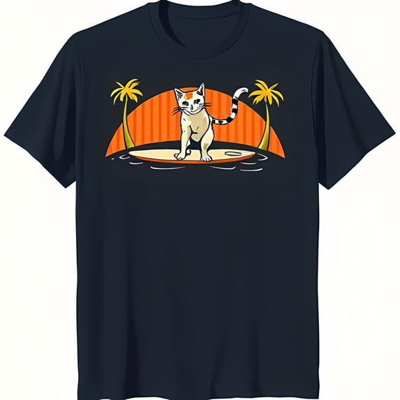 Surfing Cat Graphic T-Shirt White Cat with on Blue Tee Sunset & Trees Design