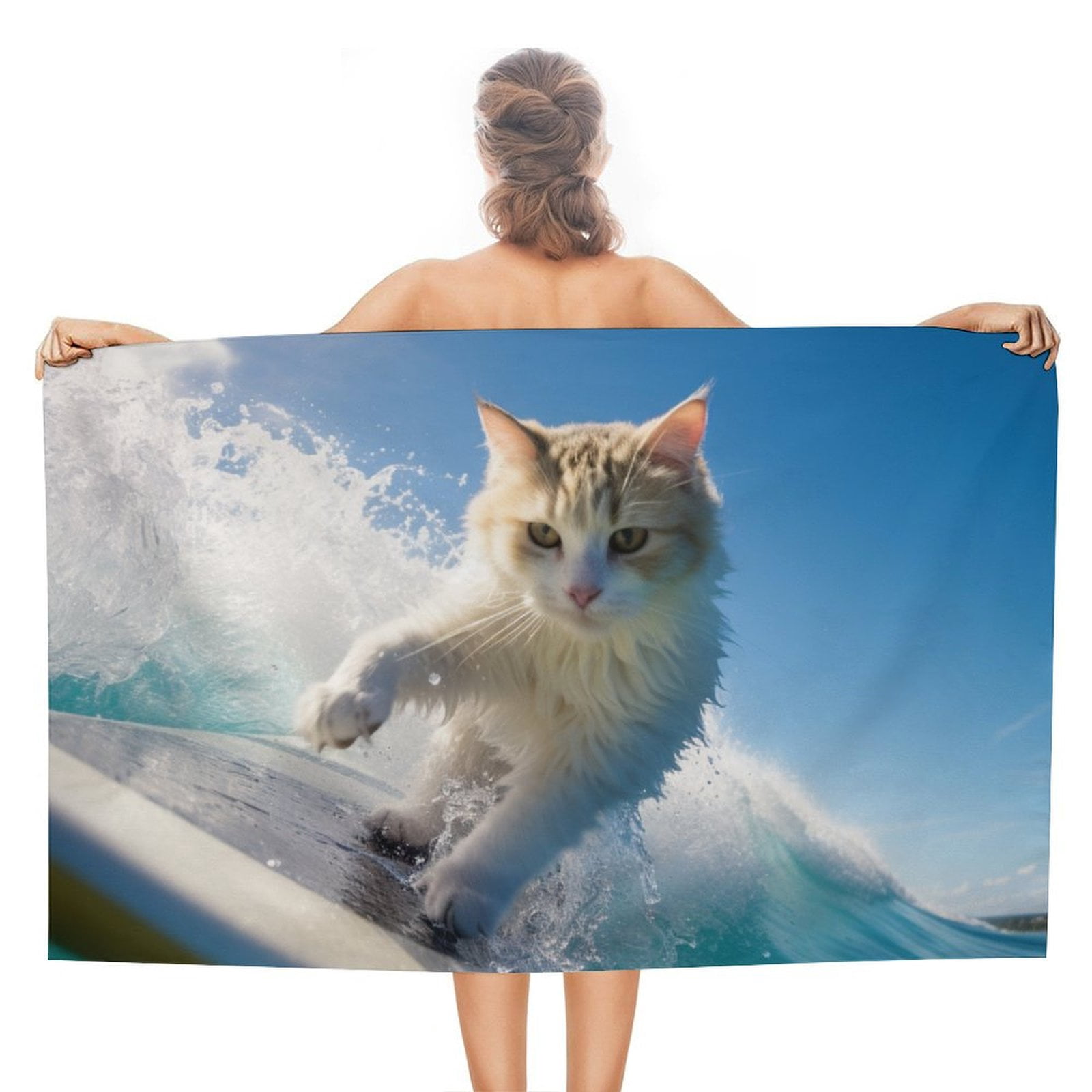 Surfing Cat Microfiber Beach Towel Lightweight 63''x32'' Oversized Extra Large Towels Quick Dry for Travel Pool Yoga Gym Sports Accessories Vacation Essential