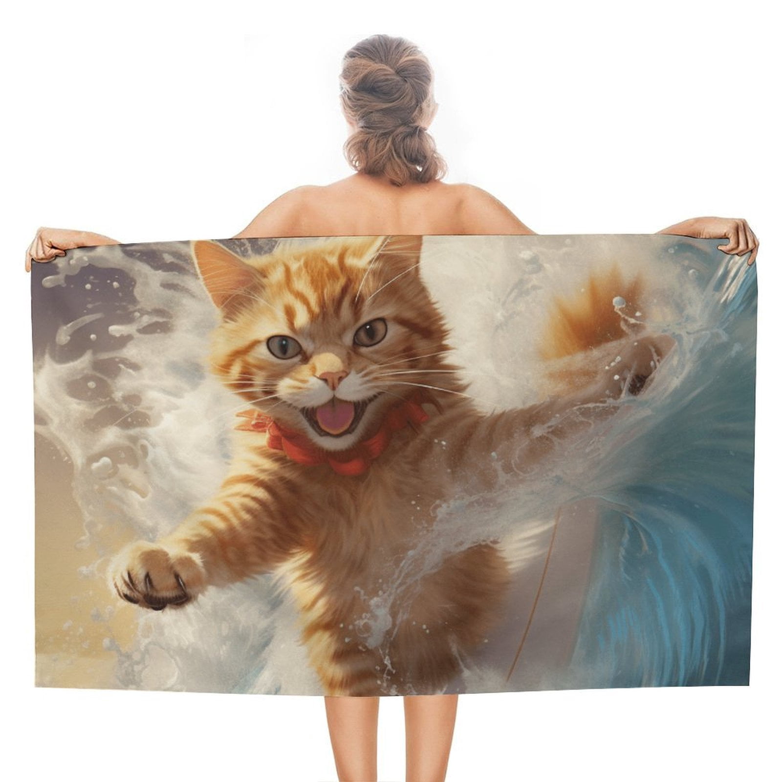 Surfing Cat Microfiber Beach Towel Lightweight 63''x32'' Oversized Extra Large Towels Quick Dry for Travel Pool Yoga Gym Sports Accessories Vacation Essential