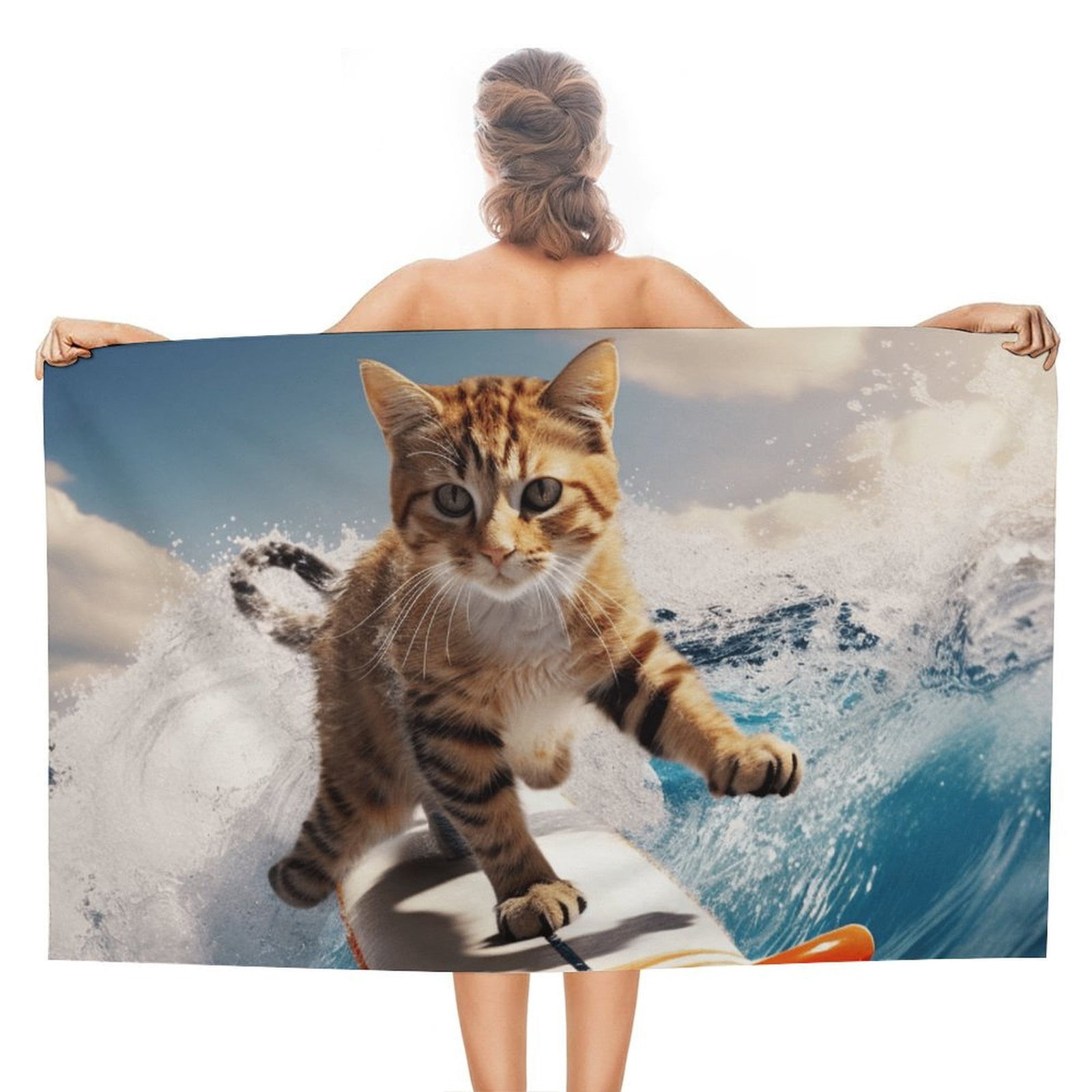 Surfing Cat Microfiber Beach Towel Lightweight 63''x32'' Oversized Extra Large Towels Quick Dry for Travel Pool Yoga Gym Sports Accessories Vacation Essential