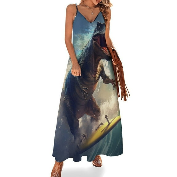 Surfing Dinosaurs Fine Art Sleeveless Dress Summer Dress Woman 2025