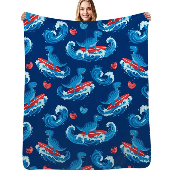 Surfing Dinosaurs Ocean Waves Flannel Blanket Warm Soft Bedding Throws Winter Camping Chair Sofa Bed