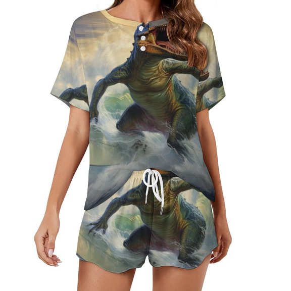 Surfing Dinosaurs Print Women'S Pajamas Set Summer Sleepwear Sets 2 Piece Lounge Set