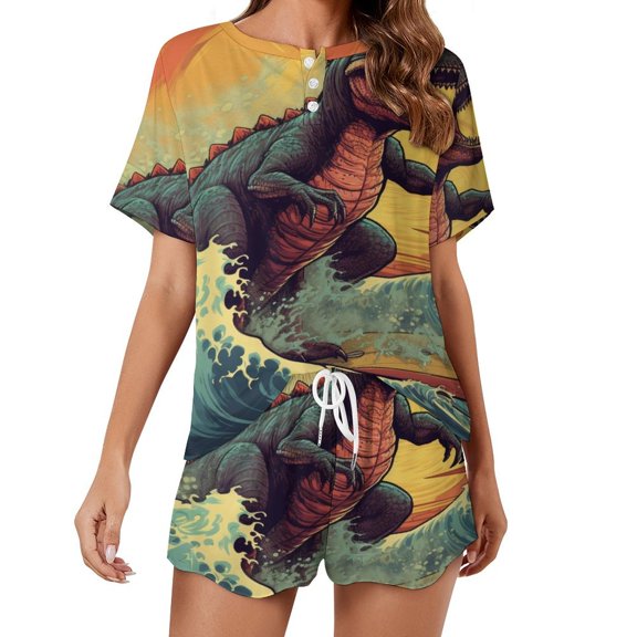Surfing Dinosaurs Print Women'S Pajamas Set Summer Sleepwear Sets 2 Piece Lounge Set