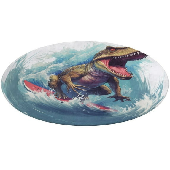 Surfing Dinosaurs Round Small Area Rug, Print Non Slip Washable Floor Mat, Soft Throw Rug for Living Room, Powder Room Entryway, Bathroom, Bedside