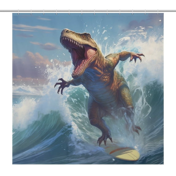 Surfing Dinosaurs Shower Curtain Cloth Fabric Bathroom Decor with Hooks