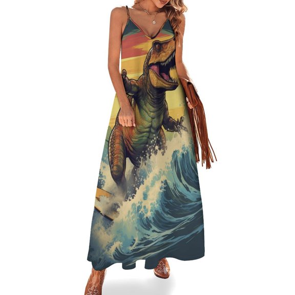 Surfing Dinosaurs Sleeveless Dress Women's Luxury Party Dress Birthday Dresses for Women