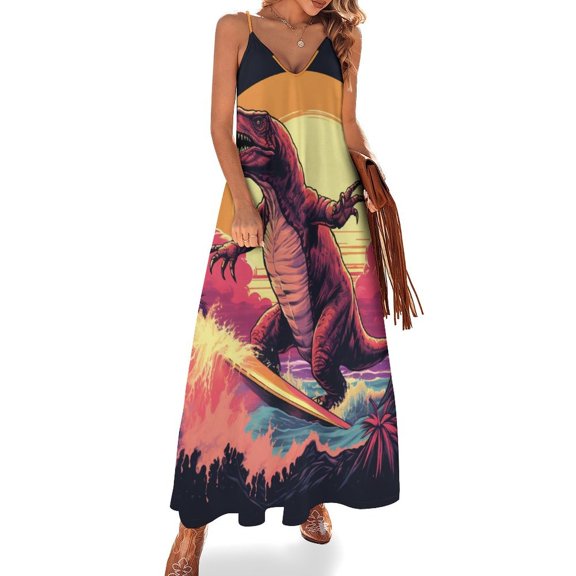 Surfing Dinosaurs Sleeveless Dress Women's Luxury Party Dress Birthday Dresses for Women