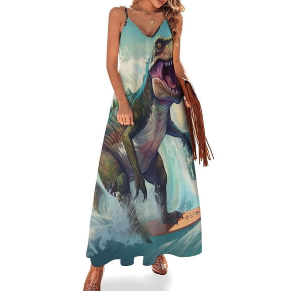Surfing Dinosaurs Sleeveless Dress for Women Clothing Female Women's Summer Skirt