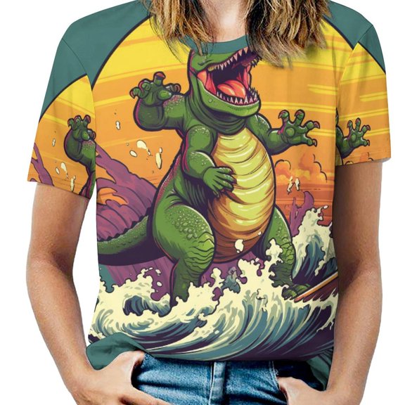 Surfing Dinosaurs Women's T-Shirt Short Sleeve T Shirts Tops Tee Ladies Loose T