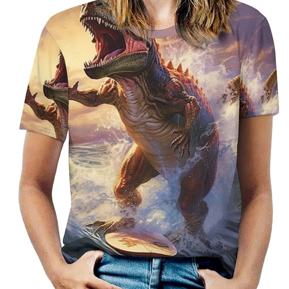 Surfing Dinosaurs Womens Tops Women's Fashion Casual Short Sleeve Flower Print Round Neck Pullover Top Blouse