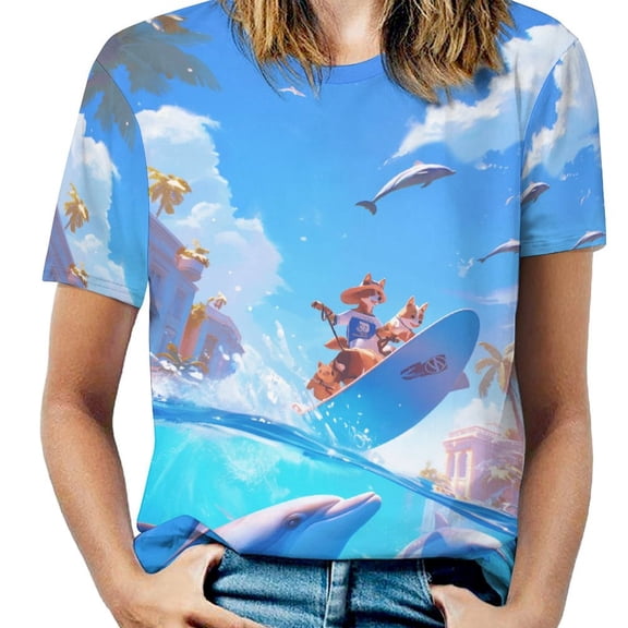 Surfing Dolphins Fun T Shirts Basic T-Shirt Short Sleeve Ladies Tee Shirt Summer Graphic Clothing