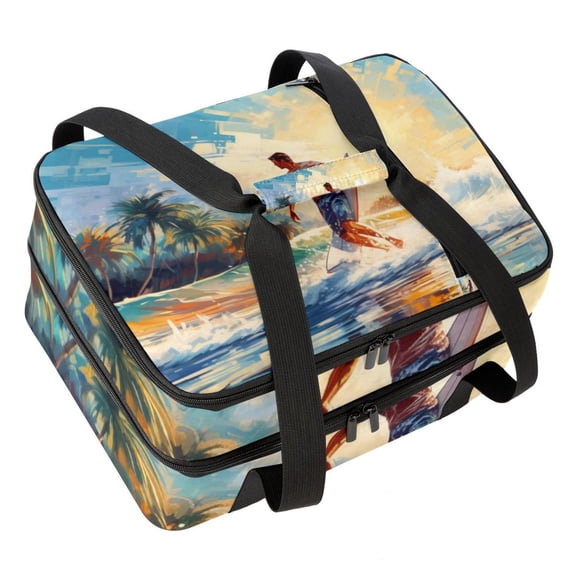 Surfing Double Layered Insulated Lunch Bag with Two Compartments, Large Capacity, Hand-Carry Refrigerated Lunch Bags, 7.1x11.4x16.1 Inches