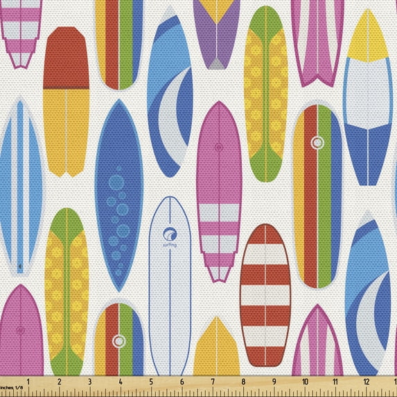 Ambesonne Surfing Fabric by the Yard Upholstery, Colorful Summer Surfboards, 2 Yards, Multicolor