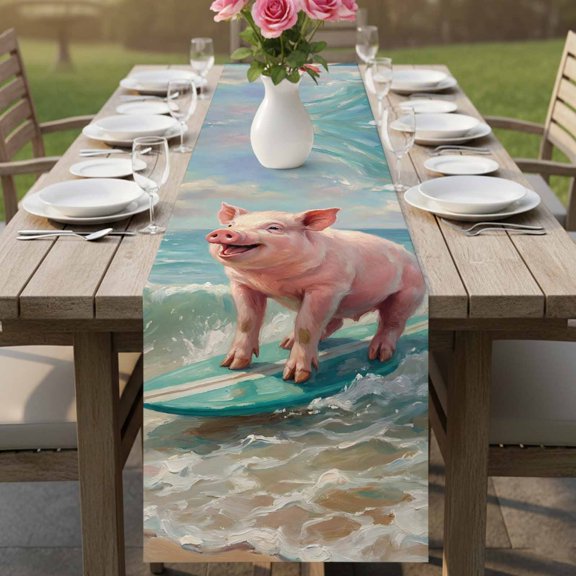 Surfing Farm Pink Pig Table Runner 13x36in Non-Slip Cotton Linen Table Runners, Summer Blue Sea Wave Beach Dresser Scarves TableRunner for Dinner Kitchen Dining Wedding Party