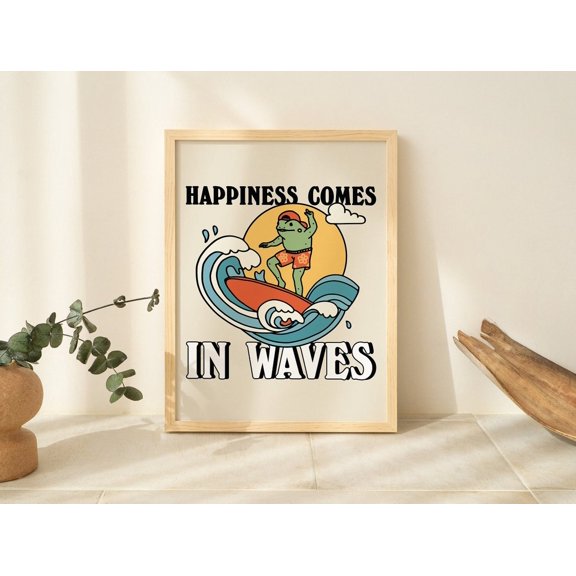 Surfing Frog Retro Happiness Quote Nautical Ocean Self Care Bathroom Art, Unframed Paper Print Size 8x12