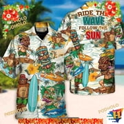 Surfing Funny Bear And Tiki Ride The Wave Follow The Sun Lovers Surfing Hawaiian Shirt
