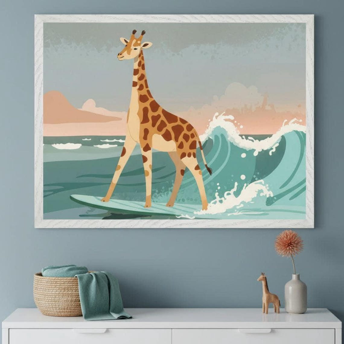 Surfing Giraffe Riding Ocean Wave Wall Art Print, Safari Beach Nursery ...
