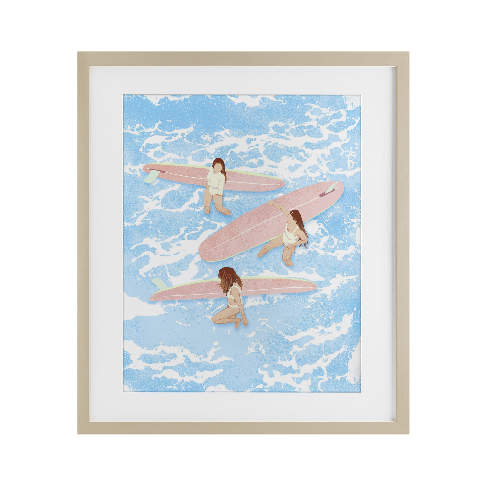 Surfing Girls Trio Birch Framed Print Under Glass, design by Ziwei Li