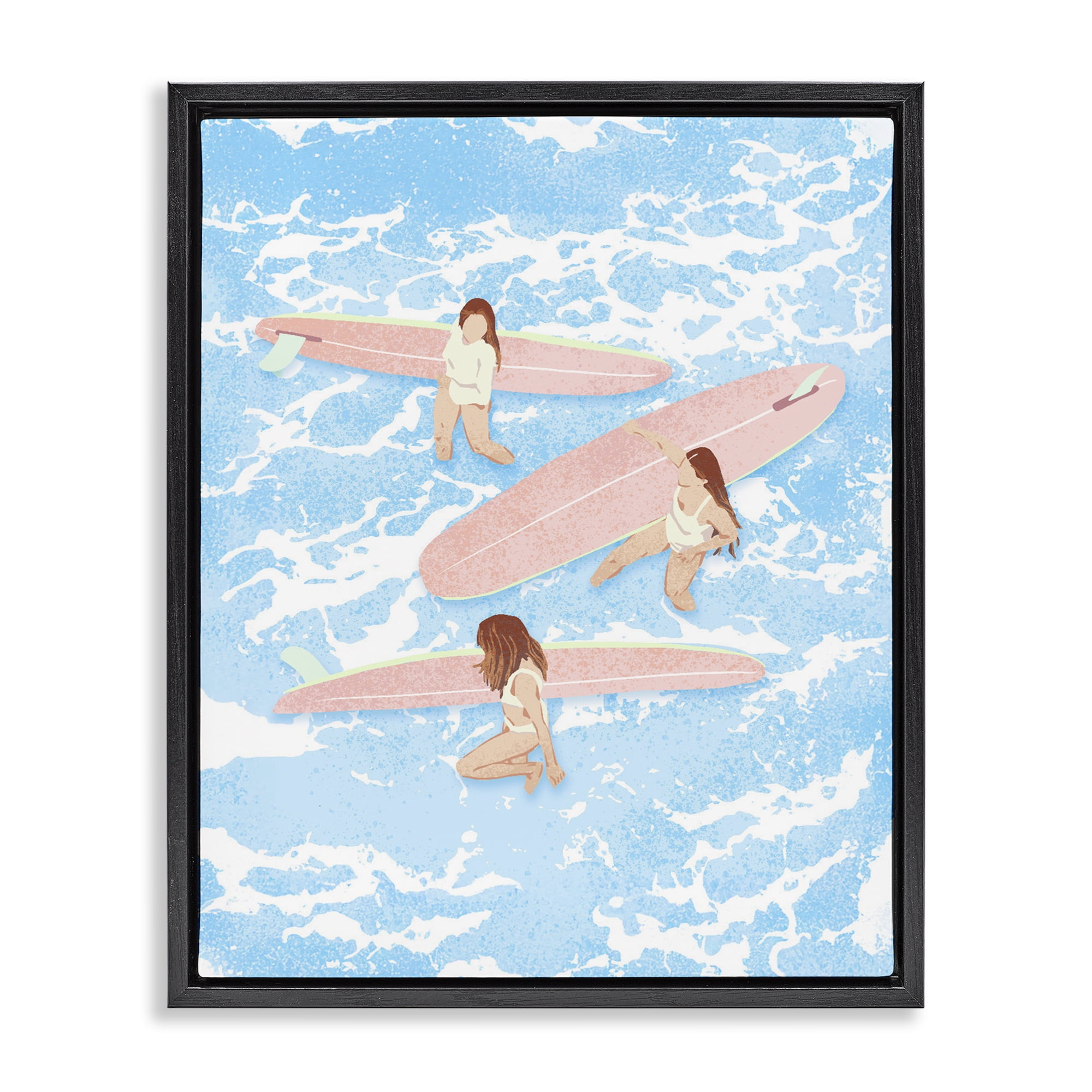 Surfing Girls Trio Black Framed Floater Canvas Wall Art, design by Ziwei Li