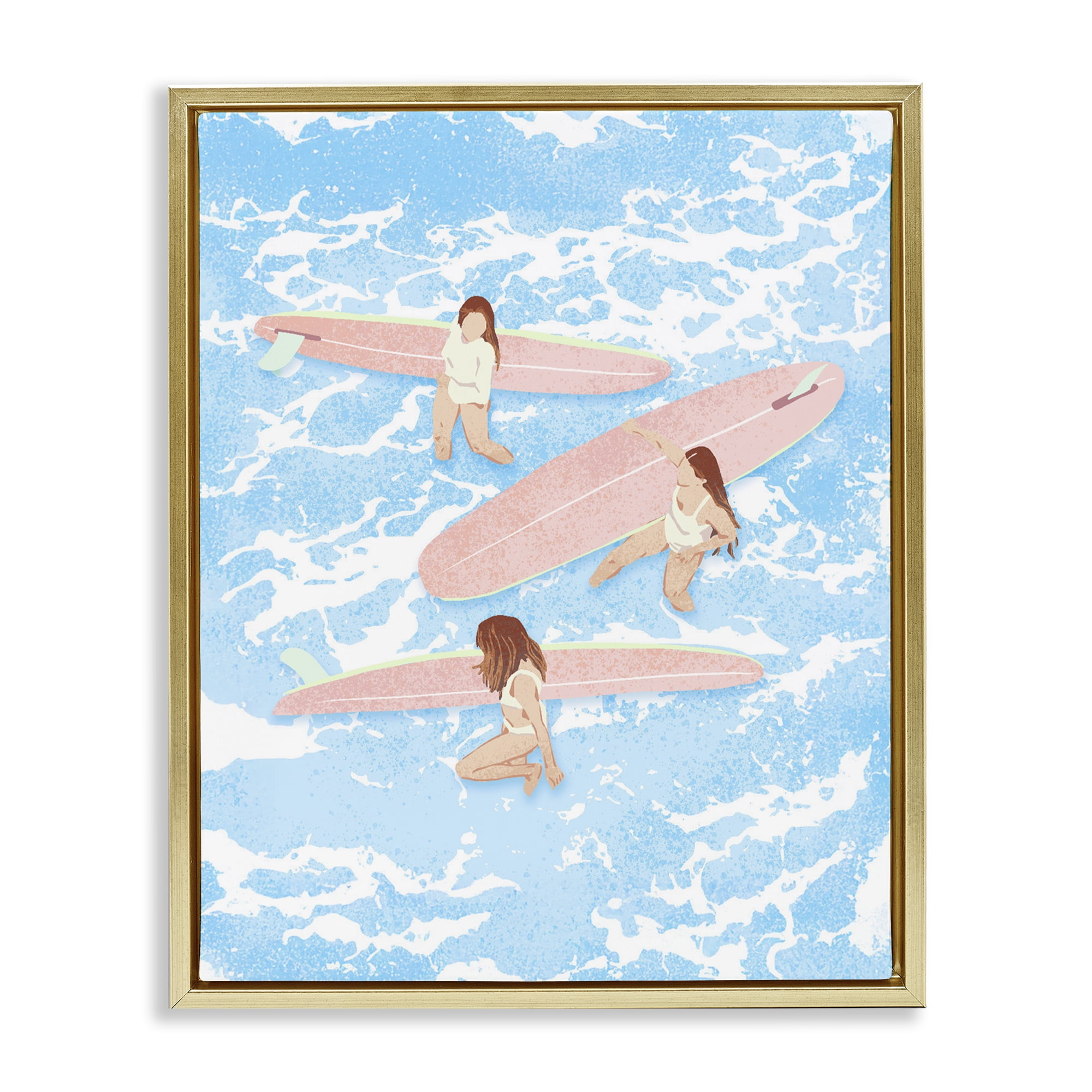 Surfing Girls Trio Gold Framed Floater Canvas Wall Art, design by Ziwei Li