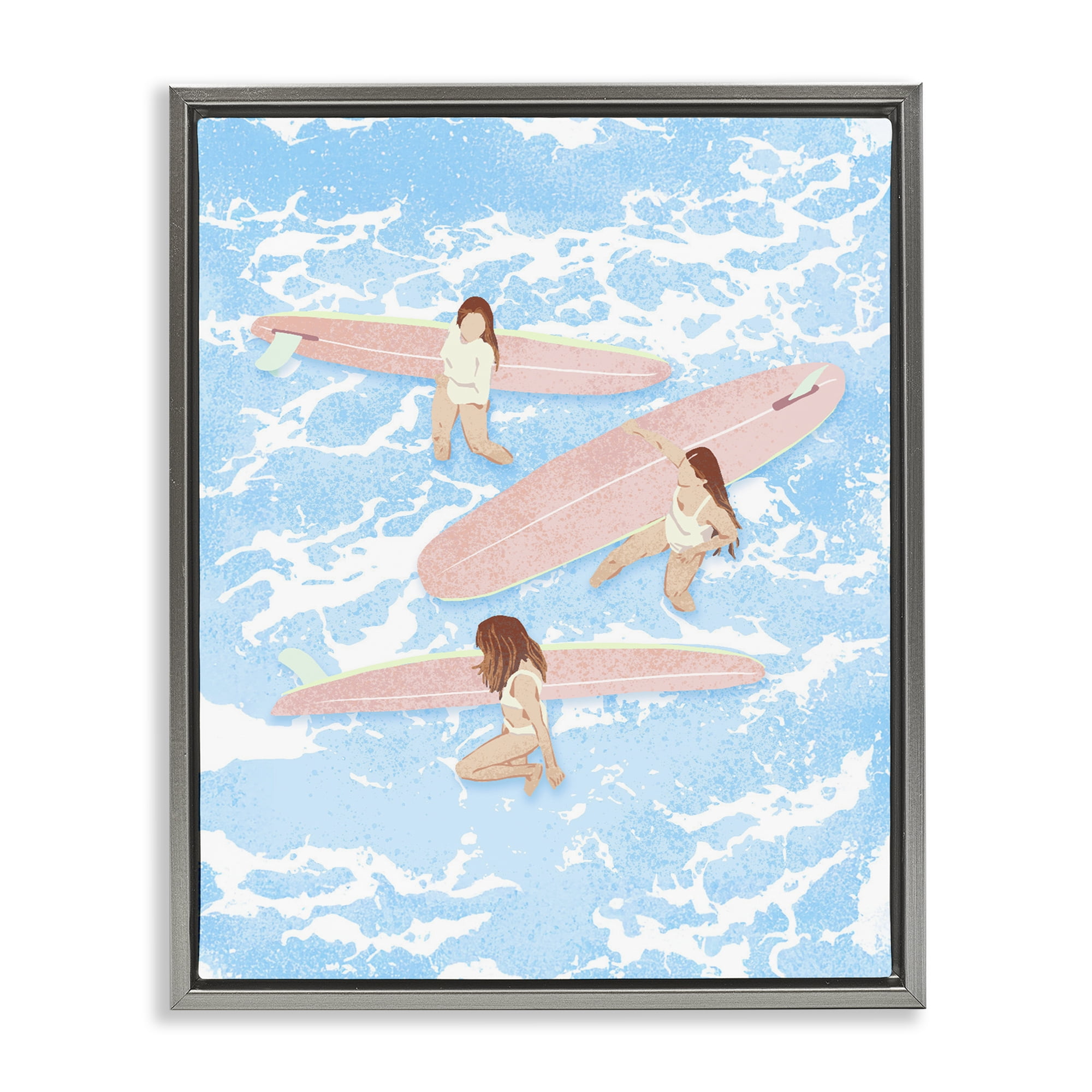 Surfing Girls Trio Gray Framed Floater Canvas Wall Art, design by Ziwei Li