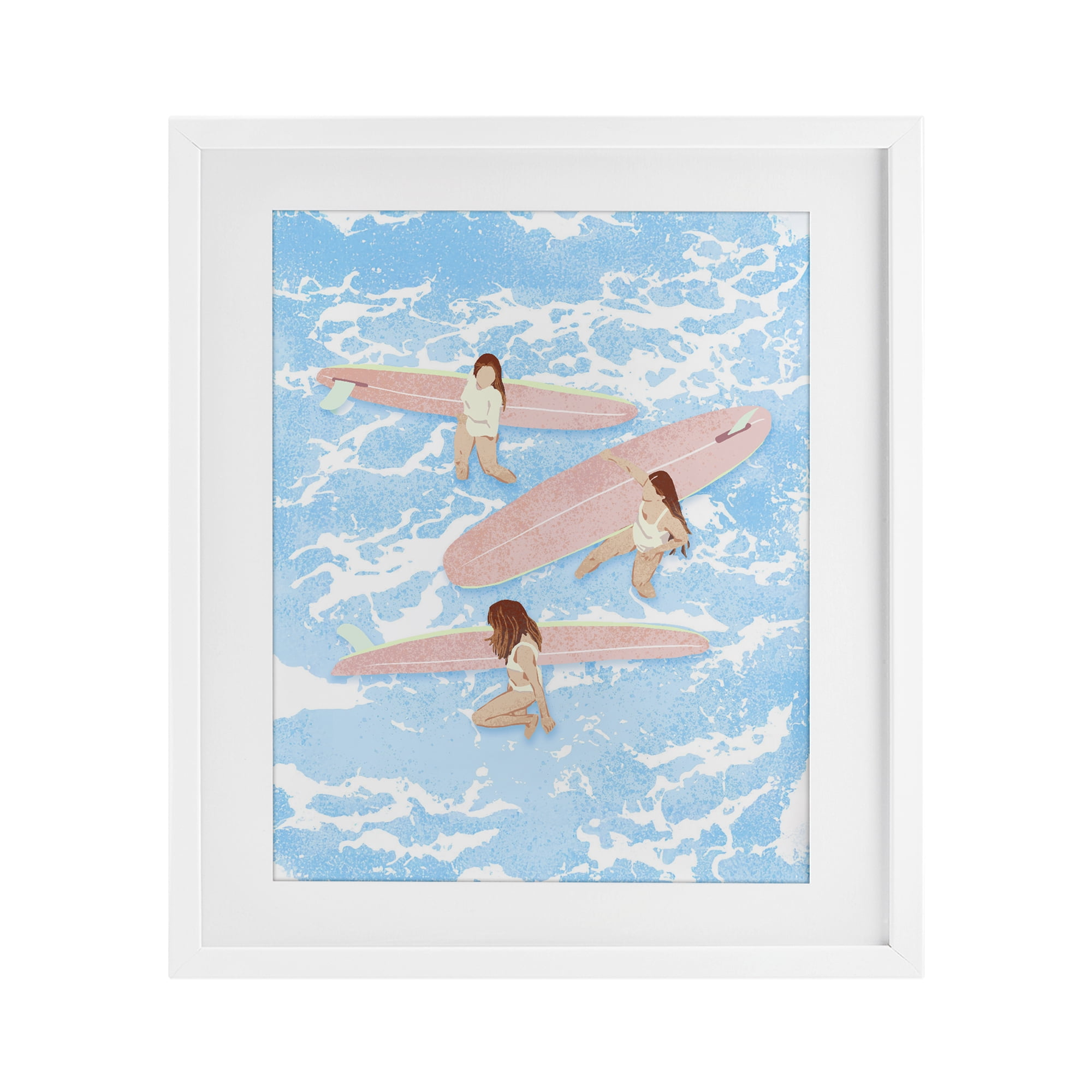 Surfing Girls Trio White Framed Print Under Glass, design by Ziwei Li