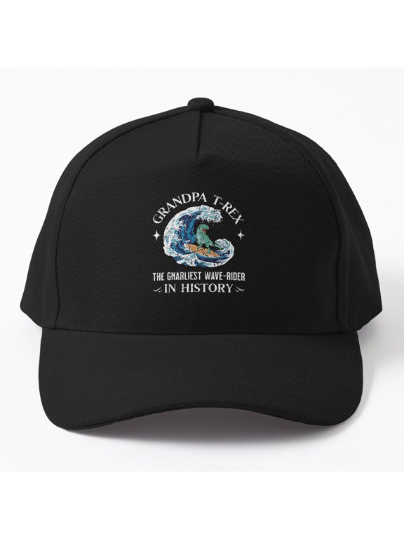 Surfing Grandpa T-Rex Baseball Cap, Dinosaur Wave Rider Character Graphic Design, Classic Hat