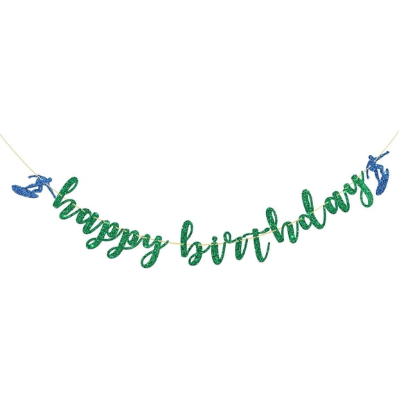 Surfing Happy Birthday Banner, Summer Beach Birthday Banner, Surfboard Sport Birthday Party Decorations Supplies, Green Glitter