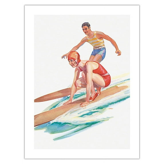 Surfing Hawaii - Steamship S.S. Matsonia - Vintage Ocean Liner Travel Poster by Lyle c.1930 - Fine Art Matte Paper Print (Unframed) 18x24in