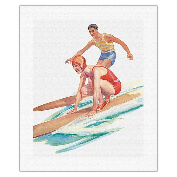 Surfing Hawaii - Steamship S.S. Matsonia - Vintage Ocean Liner Travel Poster by Lyle c.1930 - Fine Art Rolled Canvas Print (Unframed) 16in x 20in