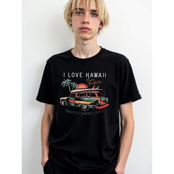 Surfing Hawaii Vibes Tee men's round neck T-shirt black summer casual Daytime and weekend wear Classic Unisex Shirt Graphic Tee tshirts