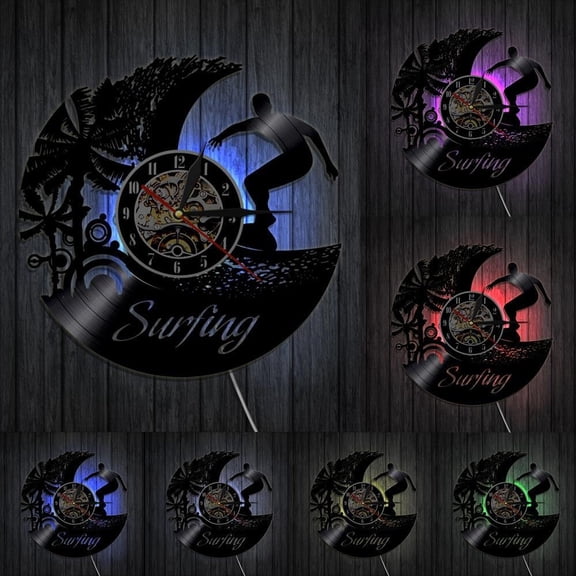 Surfing Hobby Vintage Vinyl Record LP Wall Clock Summer Beach Time Wall Clock Surfing Wave Black Wall Decor Wall Art Surfer Gift With LED