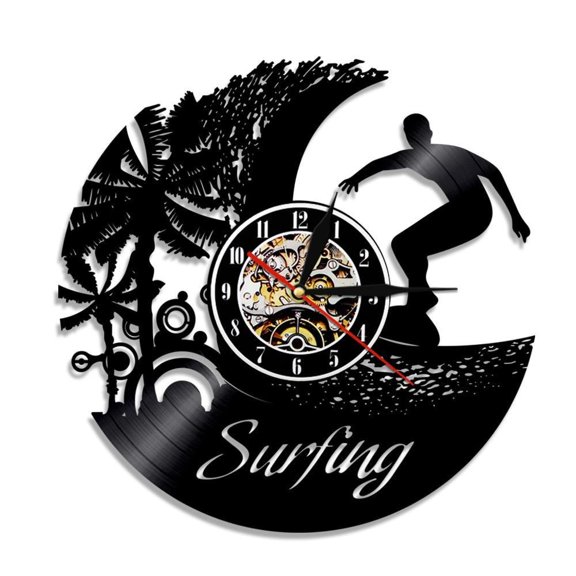 Surfing Hobby Vintage Vinyl Record LP Wall Clock Summer Beach Time Wall Clock Surfing Wave Black Wall Decor Wall Art Surfer Gift Without LED