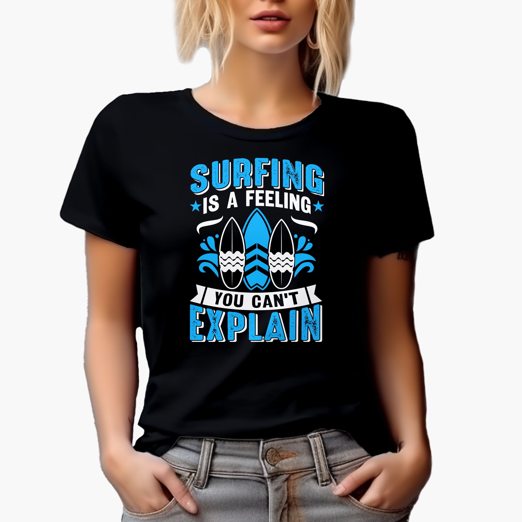 Surfing Is a Feeling You Can't Explain with Surfboards, Black T-Shirt, Small
