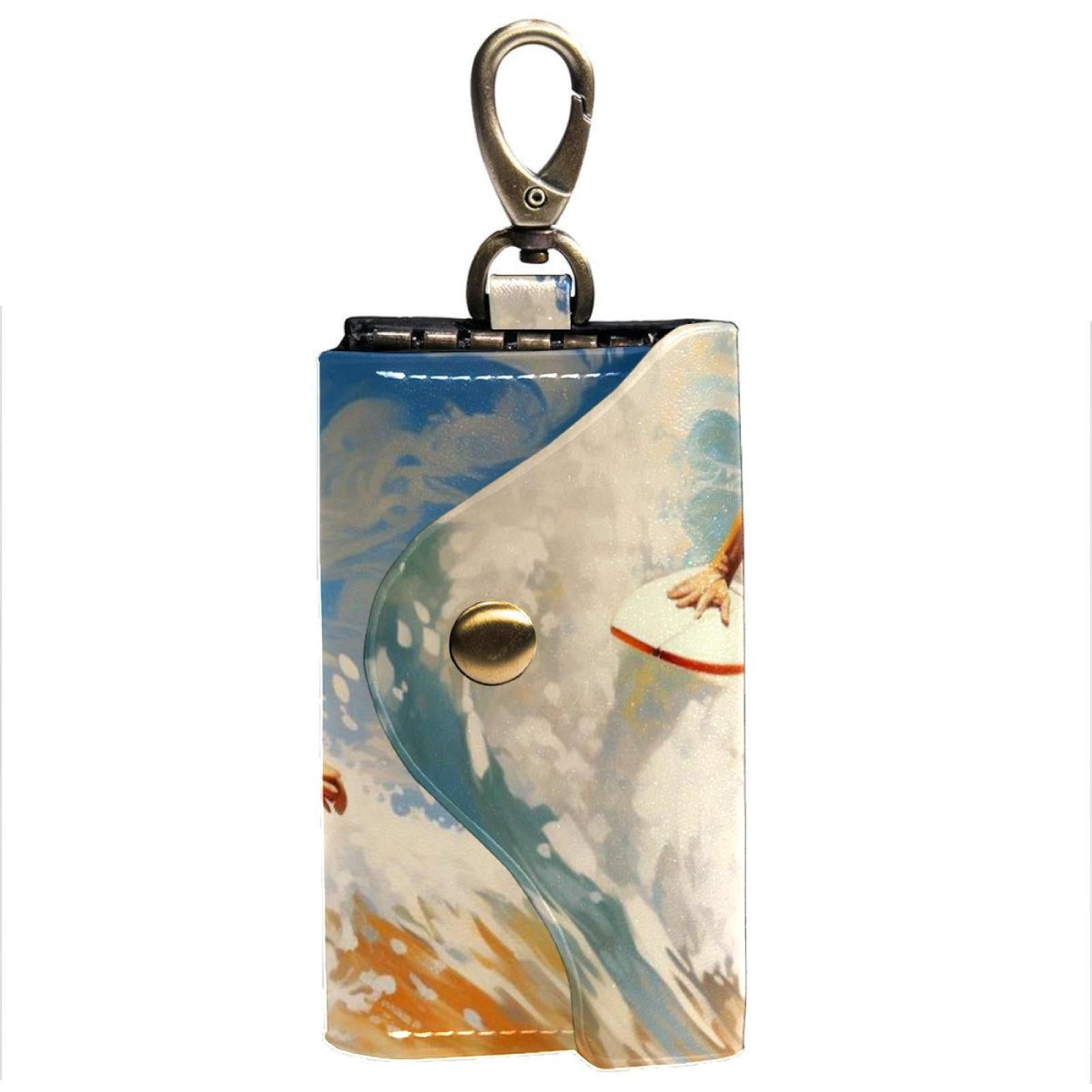 Surfing Key Wallet Organizer Case Card ID Holder with 6 Hooks and Side Pockets, Unisex Key