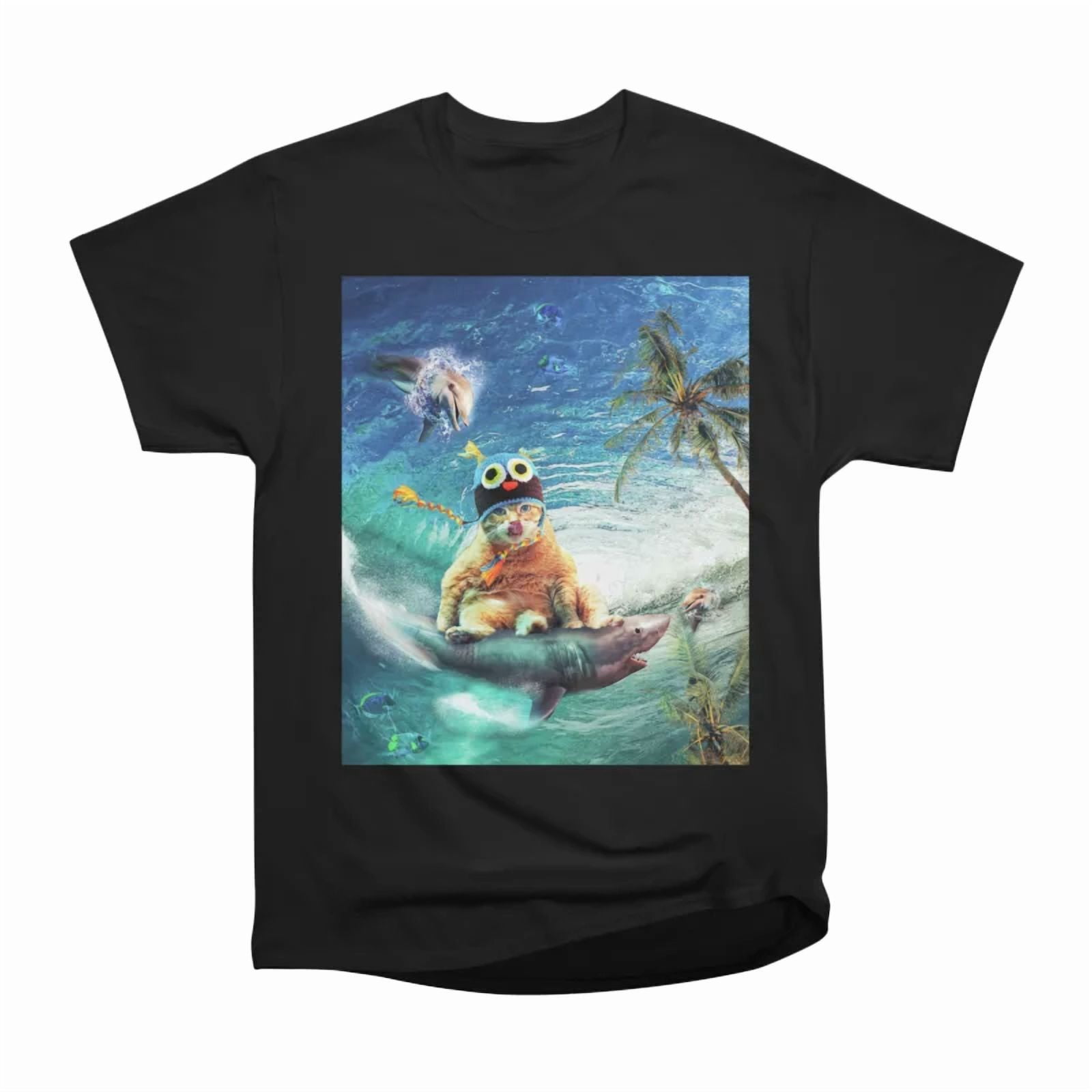Surfing Kitty Cat Riding Shark T-Shirt Tee Gift For Him Merch For Her Apparel For Friend