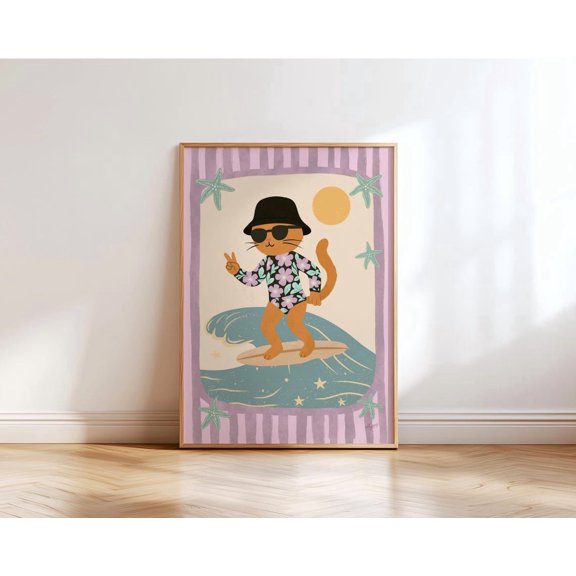 Surfing Kitty Wall Art Animal Nursery Girls Room Beach Surf Unframed Paper Print