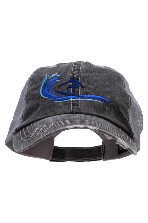 Surfing Man Embroidered Low Profile Special Cotton Mesh Cap - Black OSFM
