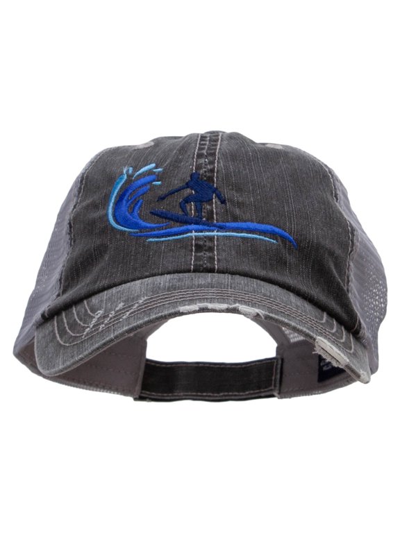 Surfing Man Embroidered Low Profile Special Cotton Mesh Cap - Black OSFM