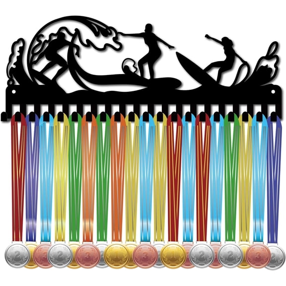 Surfing Medal Hanger Display Medal Holder Rack Sports Metal Hanging Athlete Awards Iron Wall Mount Decor with 20 Hooks for Competition Ribbon Lanyard Medals Medalist Black 15.7x5.9Inch for making