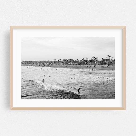 Surfing Newport Beach 01 B&W - Newport Beach California Photography Black and White Beach Surf Ocean Palm Tree Coast Seaside Oak Framed Wall Art Print 5 x 7 inches