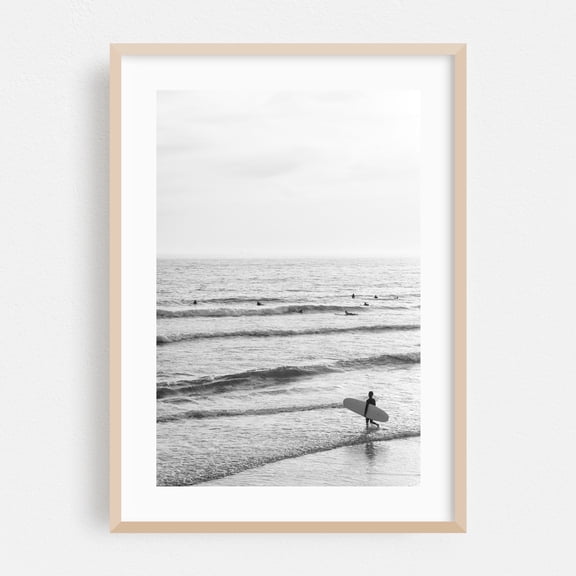 Surfing Newport Beach 02 B&W - Newport Beach California Photography Oak Framed Wall Art Print 16 x 20 inches