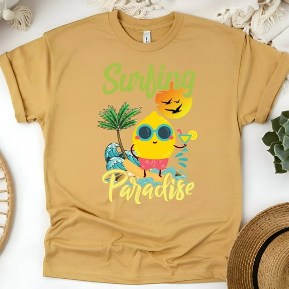 Surfing Paradise T-Shirt – Cute Lemon Surfer Summer Graphic Tee, Gold, Size M